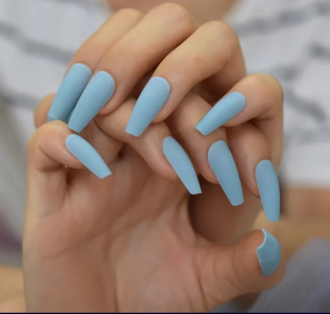 Matte Pastel Denim Blue Coffin Long Press On Nails – 24 pcs Glue-On Set surethings