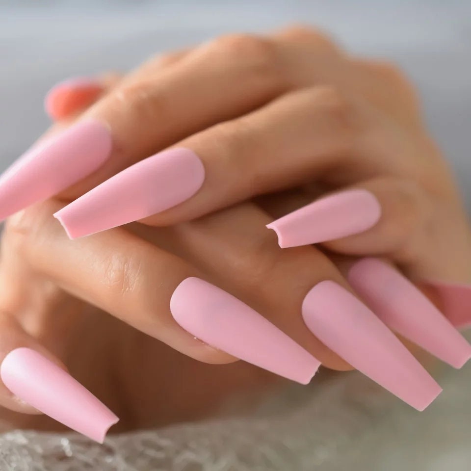 24 Matte Soft Pink Coffin Extra Long Press On Nails kit glue on Pale light baby