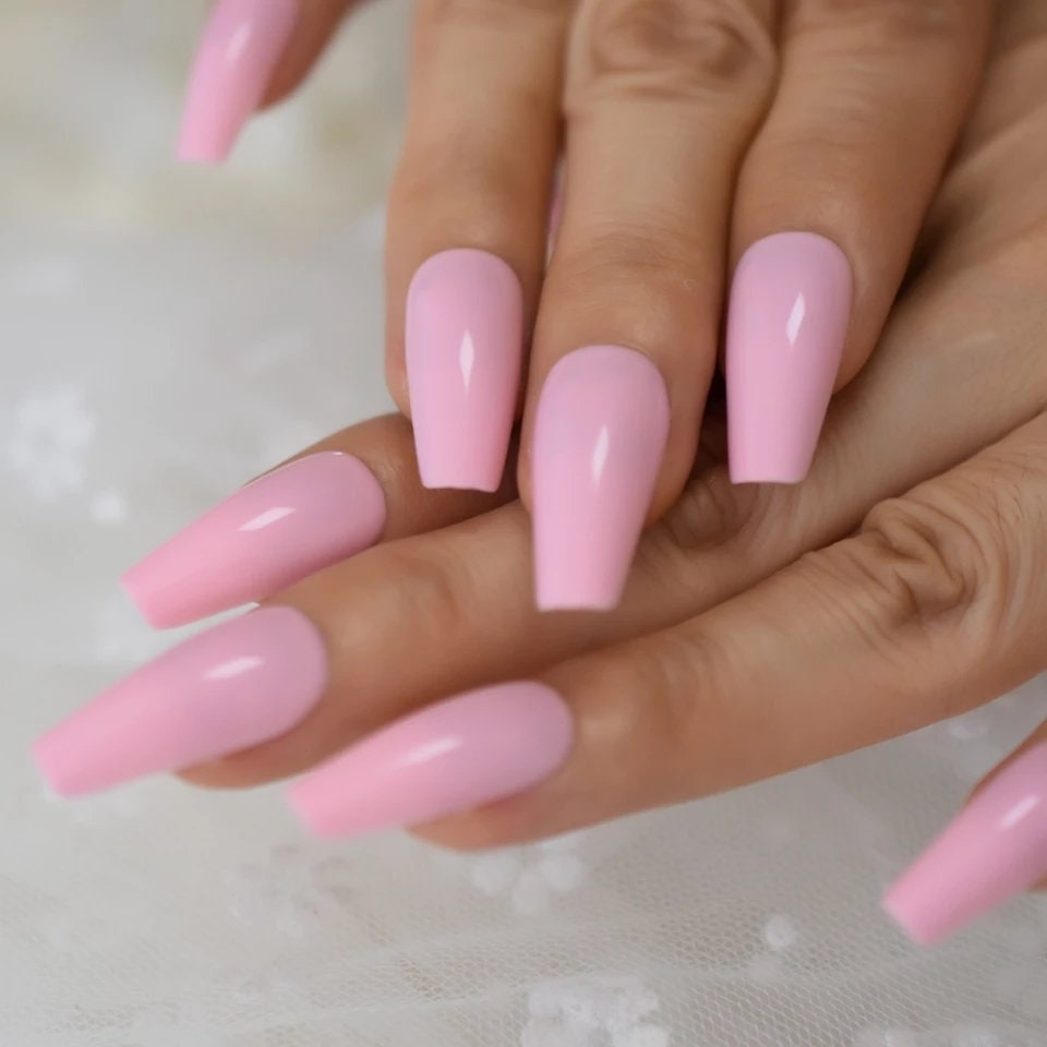 24 Soft Pink Long Press On Nails kit glue on Pale light baby powder pink