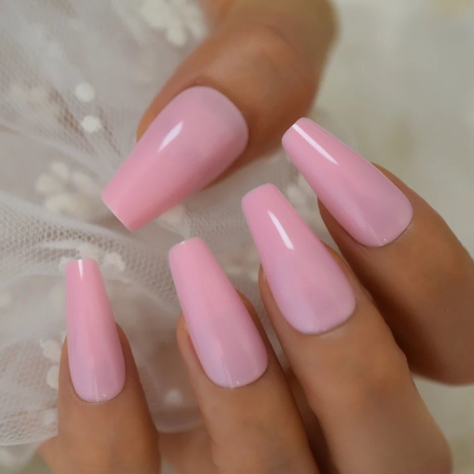 24 Soft Pink Long Press On Nails kit glue on Pale light baby powder pink