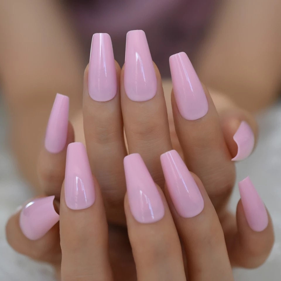 24 Soft Pink Long Press On Nails kit glue on Pale light baby powder pink