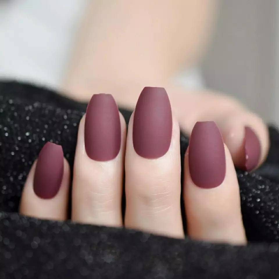24 Matte Maroon Burgundy Long Press on Nails Medium Coffin Deep dark red