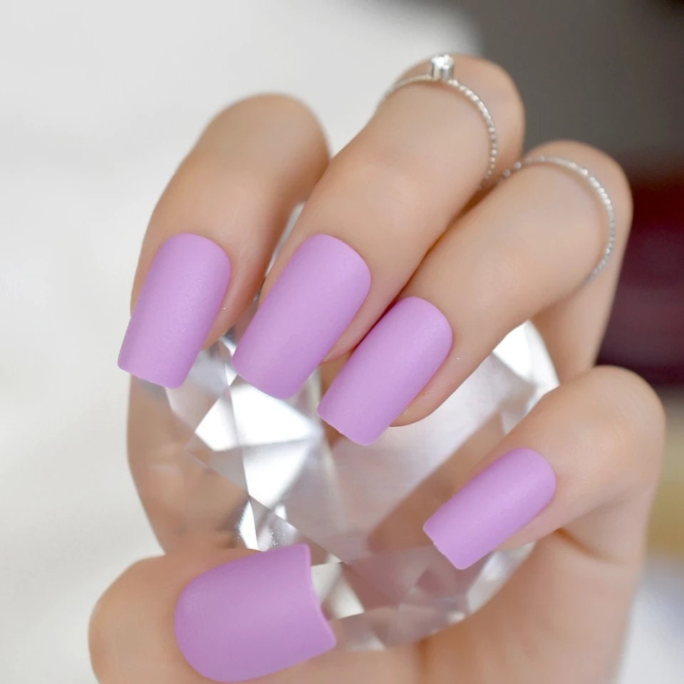 24 pcs lilac matte square long press-on nails – medium length glue-on nails in soft lavender light purple surethings