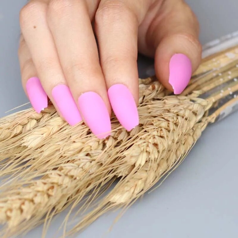 24 Matte Pink Long Press On Nails Coffin Medium Glue on light