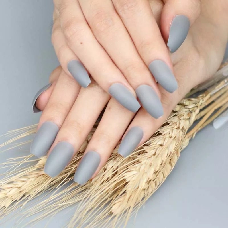 24 Matte Gray medium coffin Long Press On Nails kit glue on gray