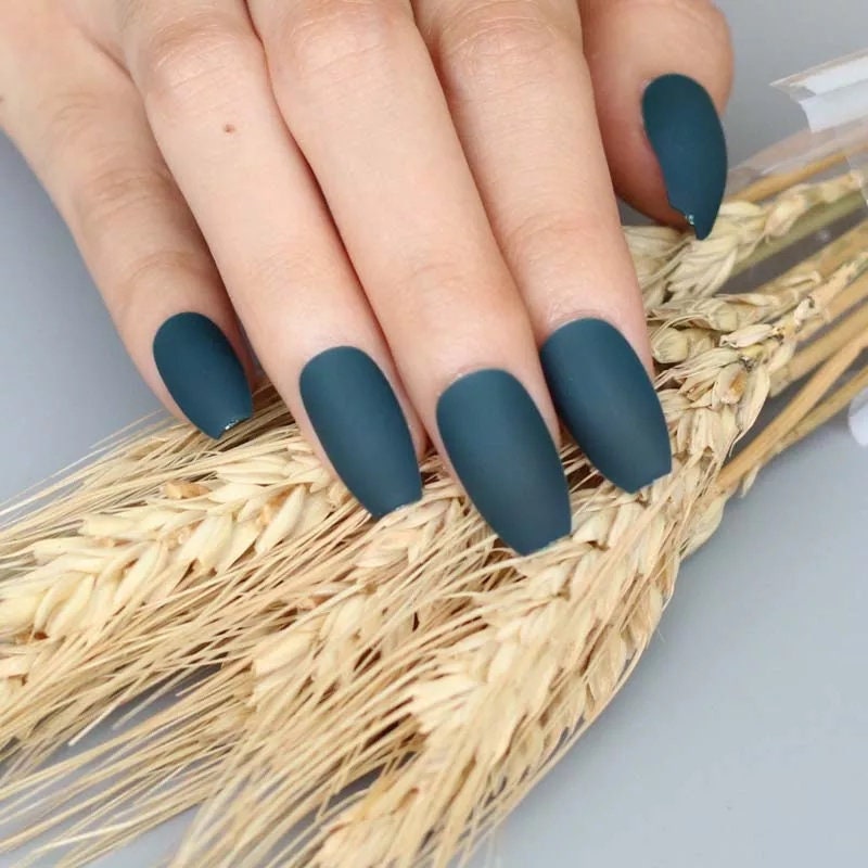 24 Evergreen Pine Matte Dark Teal Long Press on Nails Coffin Medium Glue on blue