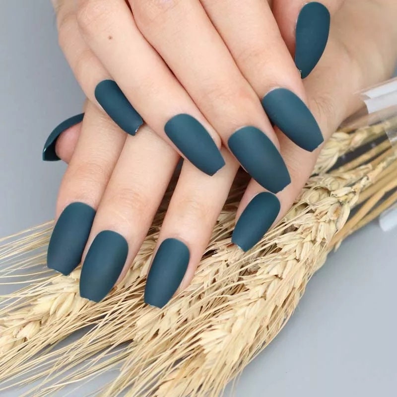 24 Evergreen Pine Matte Dark Teal Long Press on Nails Coffin Medium Glue on blue