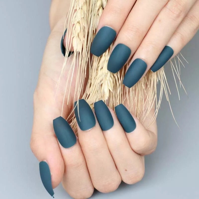 24 Evergreen Pine Matte Dark Teal Long Press on Nails Coffin Medium Glue on blue