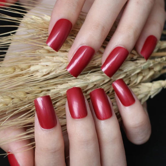 24 Red Square short Press On Nails Glue on kit maroon cherry 