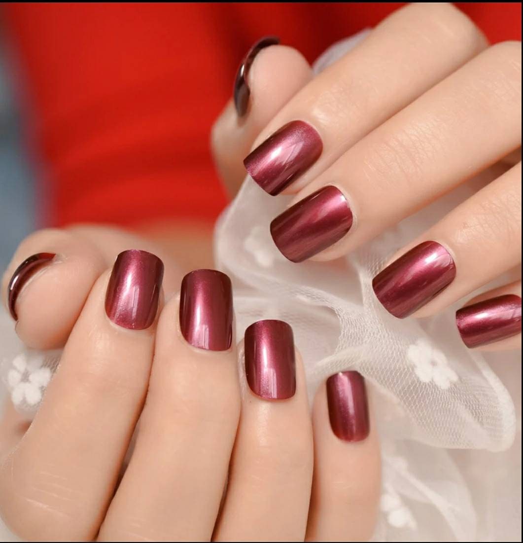 Maroon Wine Medium Square Long Press On Nails with Satin Dark Red Finish surethings