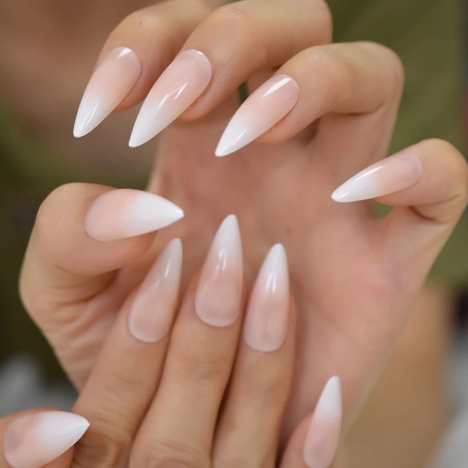 Ombre French Tip Nude White Long Press On Nails – Natural Stiletto Baby Boomer surethings