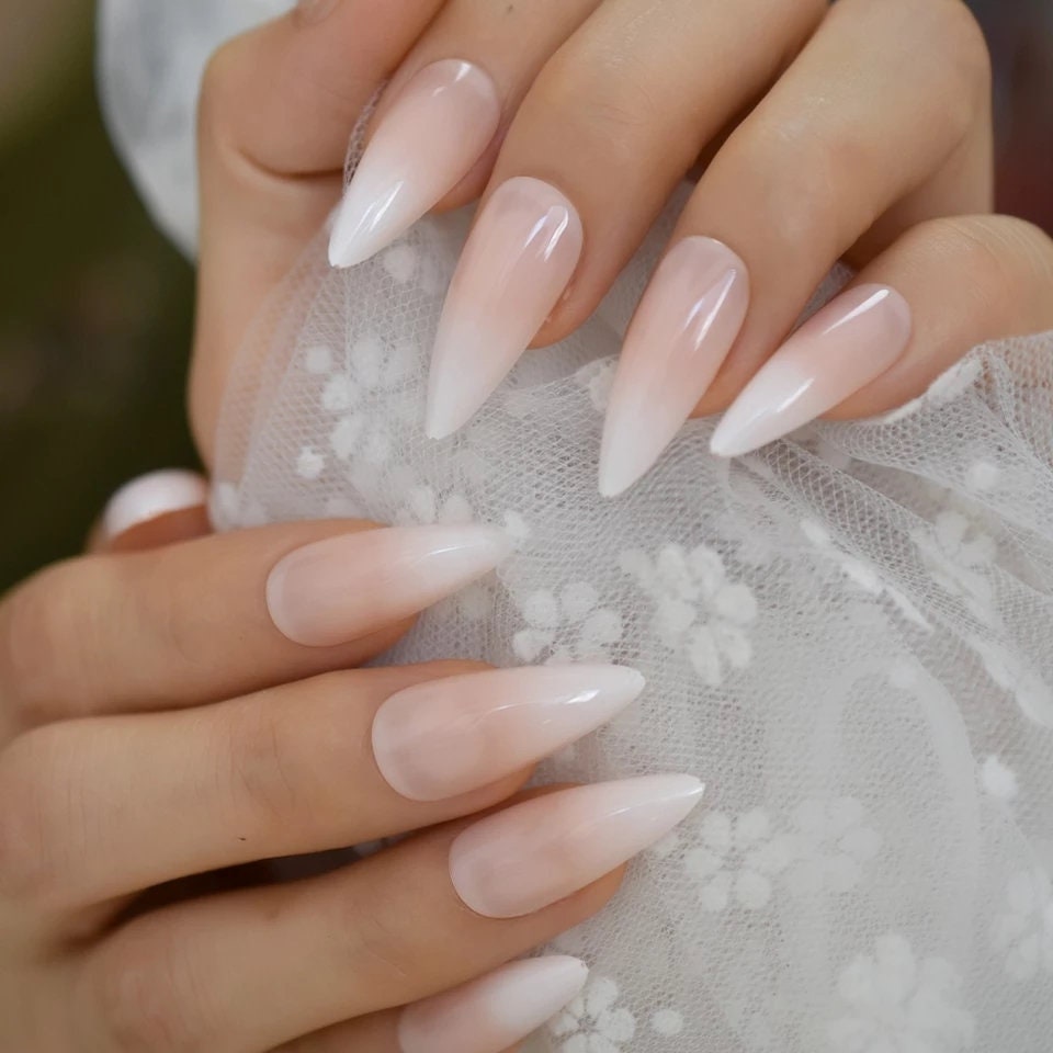 Ombre French Tip Nude White Long Press On Nails – Natural Stiletto Baby Boomer surethings