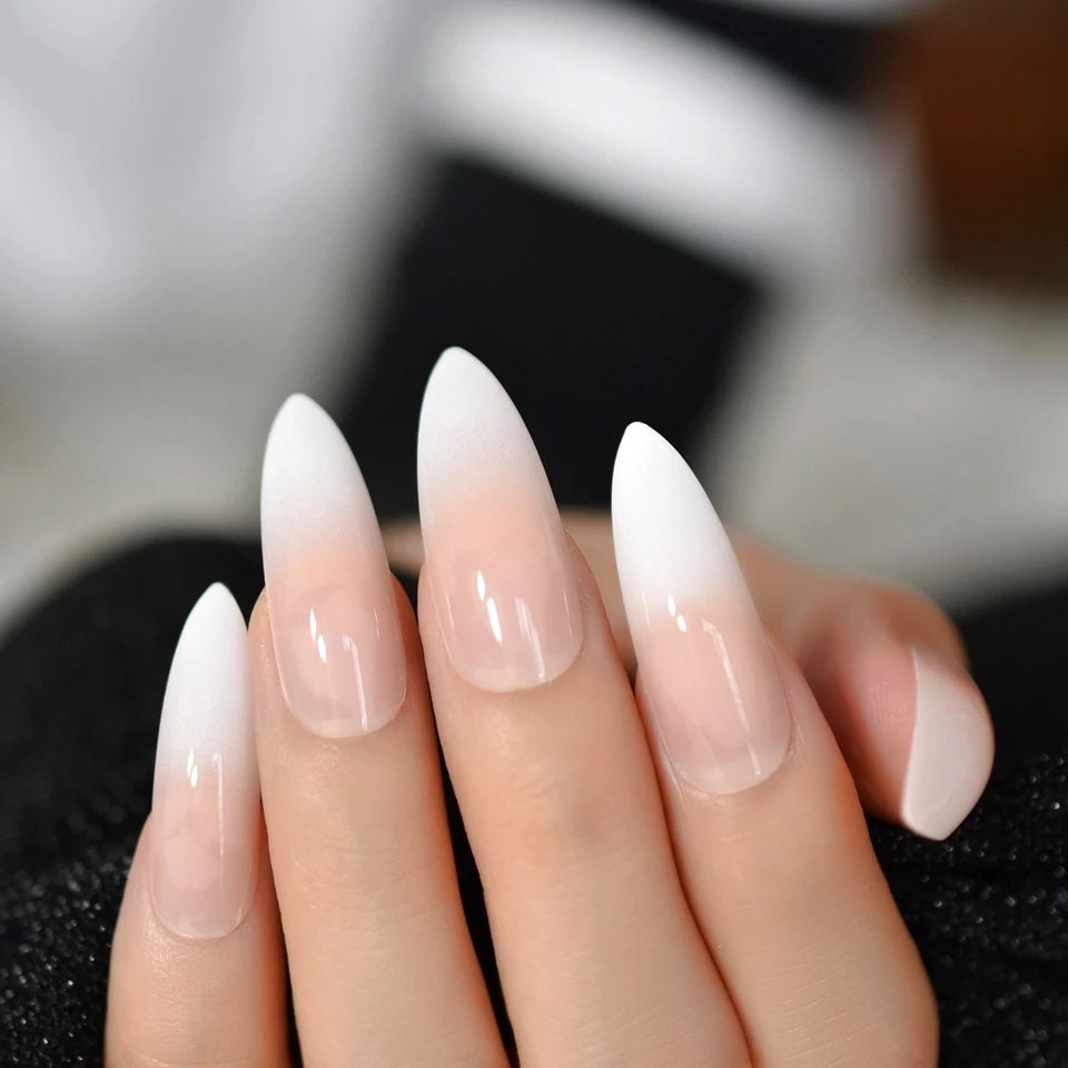 24 Ombre French tip white nude natural Long Press on nails glue on natural stiletto pointed baby boomer