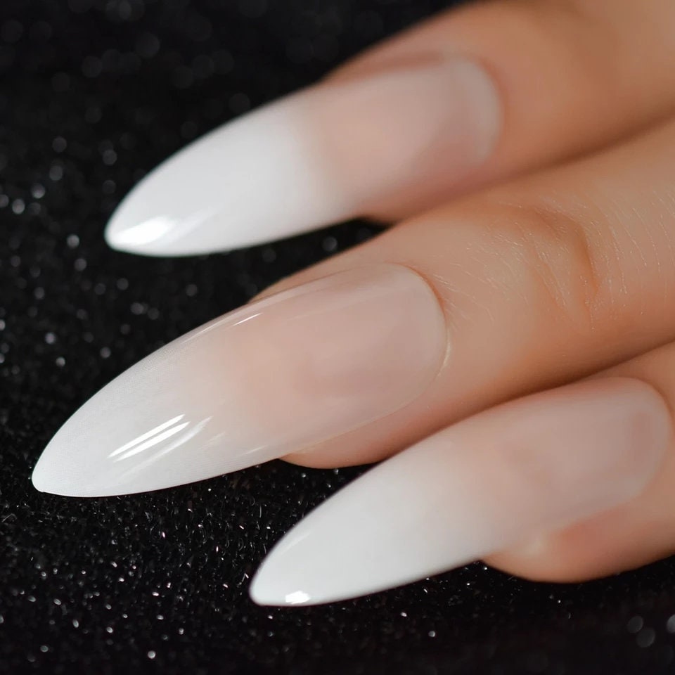 24 Ombre French tip white nude natural Long Press on nails glue on natural stiletto pointed baby boomer