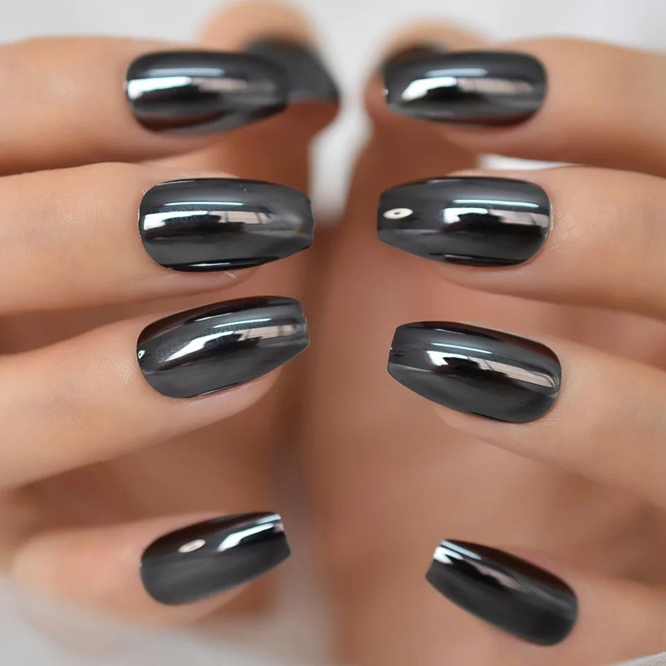 24 Gun metal Chrome medium Coffin Long Press on nails glue on mirror shiny metallic gray dark