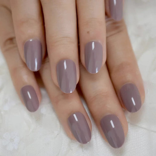 24 Glossy Greige Oval Short Press On Nails kit glue on beige gray tan nude neutral almond