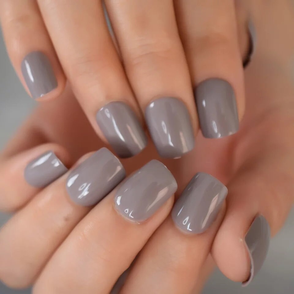 24 Greige Short Press on nails glue on beige gray tan nude neutral almond oval mauve muted purple surethings