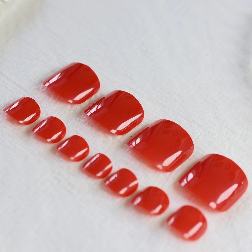 24 Red Toe Nails Kit short Press On nails Glue On