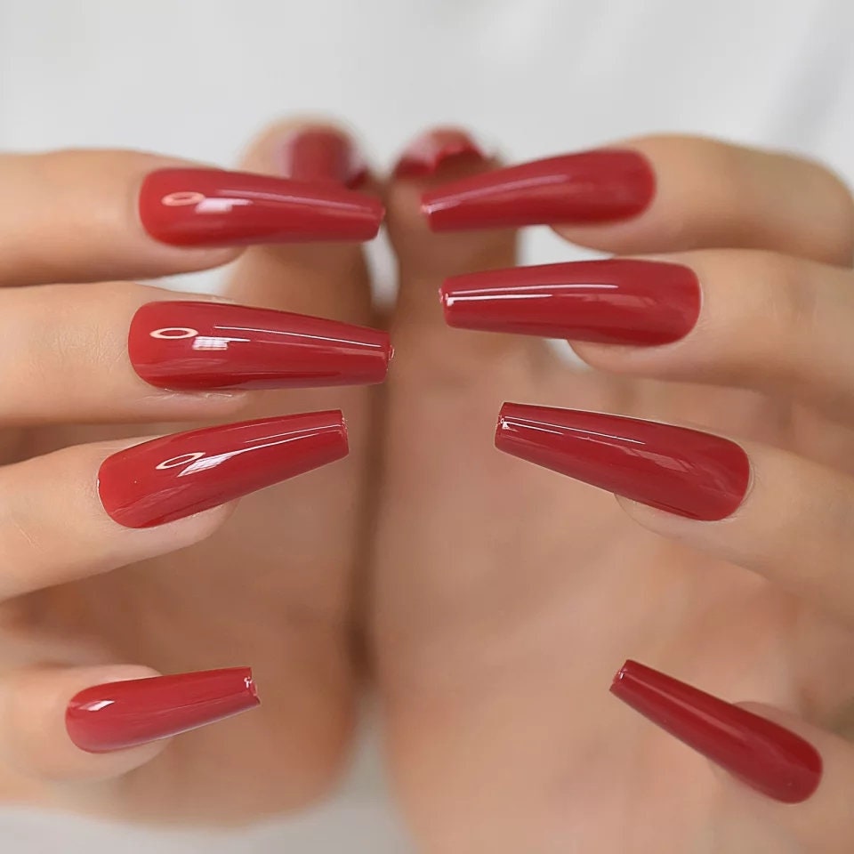 24 vampy red long coffin press on nails – straight shape dark gothic glue-on set surethings