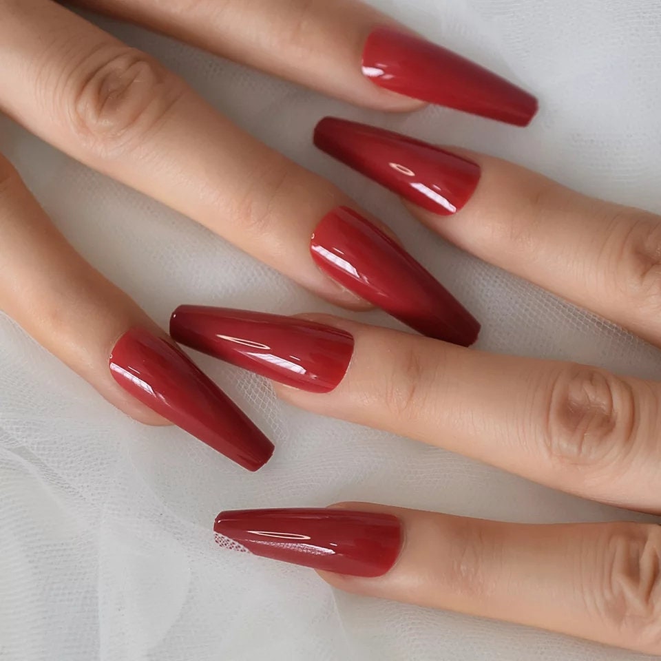 24 vampy red long coffin press on nails – straight shape dark gothic glue-on set surethings