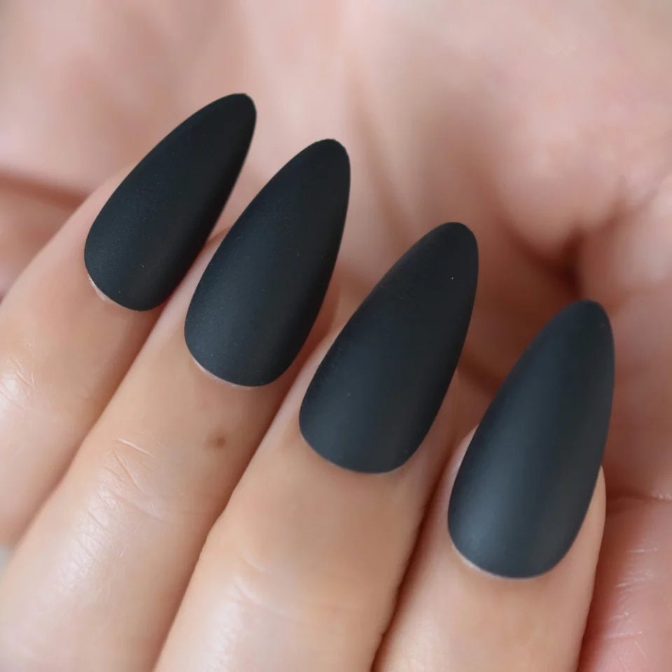 24 Vampy Matte Black Press on nails Stiletto witchy goth alt glue on Dark