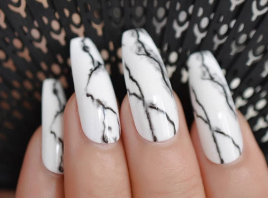 24 White Marble Long Press On Nails kit glue on coffin black art surethings