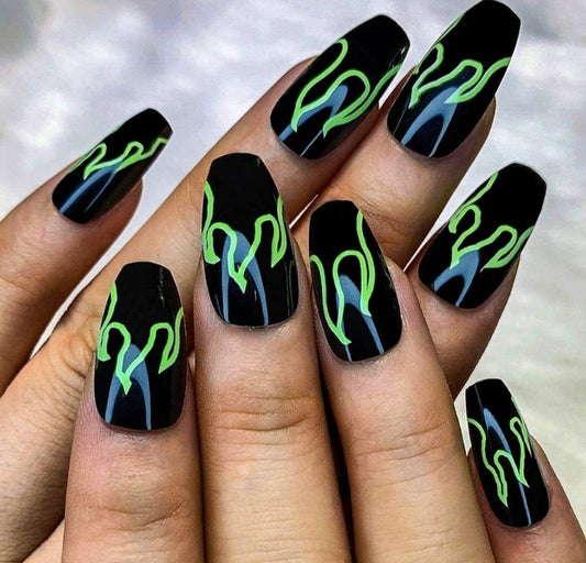Goth coffin black and green medium long press on nails glue on set surethings