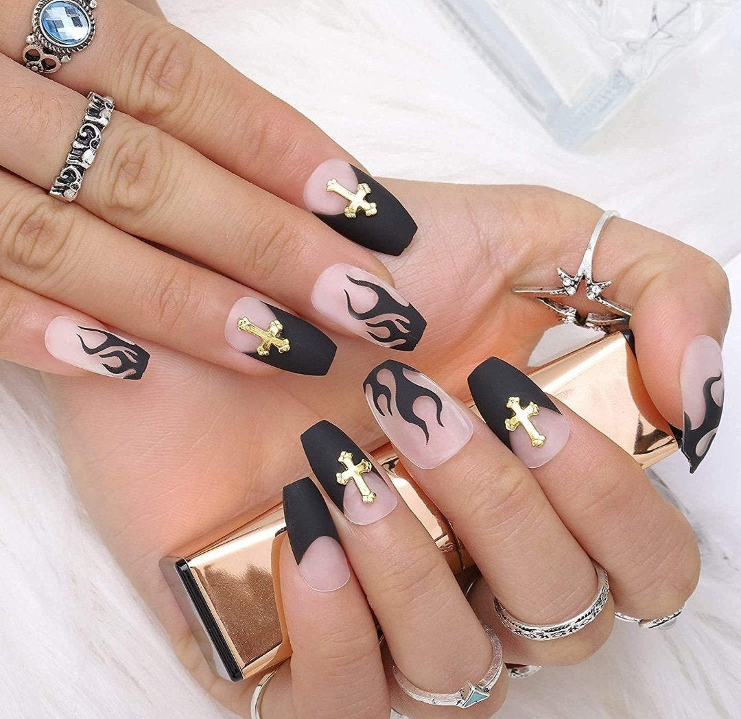 24 Medium Coffin Matte Black Flame Dark Long Press On nails Glue on Gothic edgy trendy cross