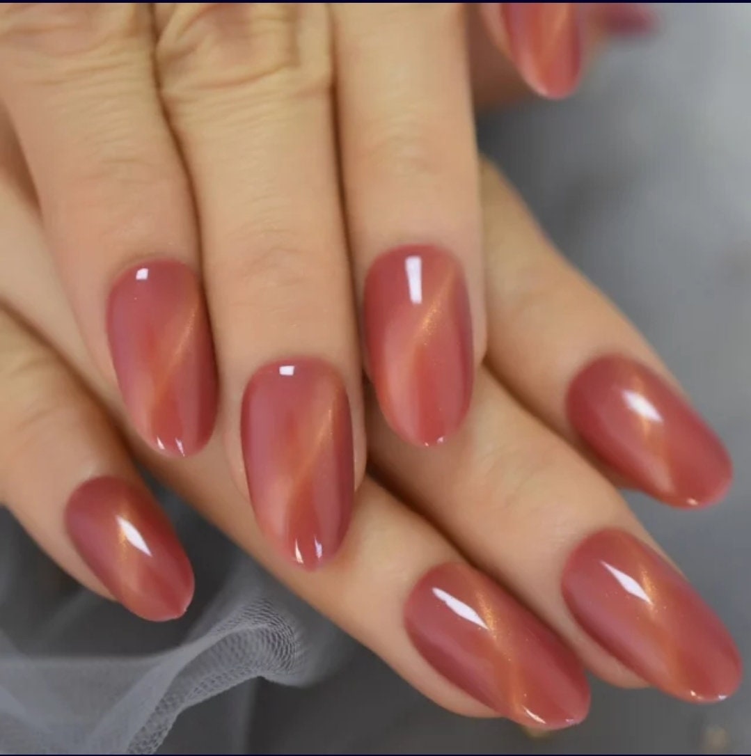 24 pcs Autumn Rose Galaxy Cat Eye Gel Long Press On Nails Glossy medium glue on magnet Pink almond