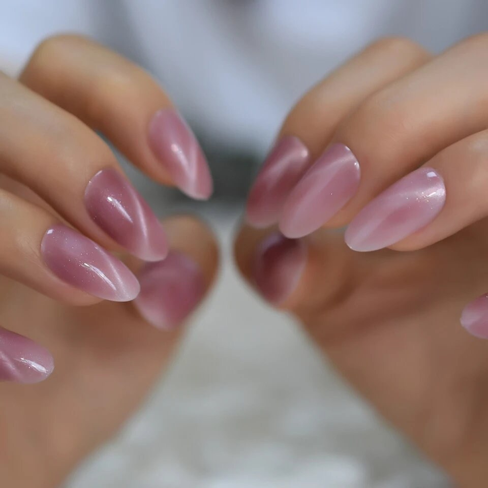 Rose Quartz Galaxy Cat Eye Almond Press On Nails – Glossy Medium Pink Nails surethings
