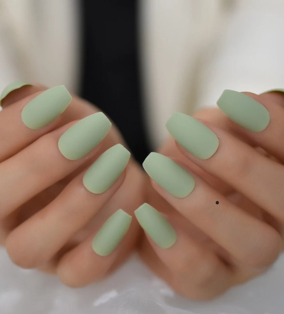 24 Matte Sage Green Medium Coffin Long Press on nails glue on kit