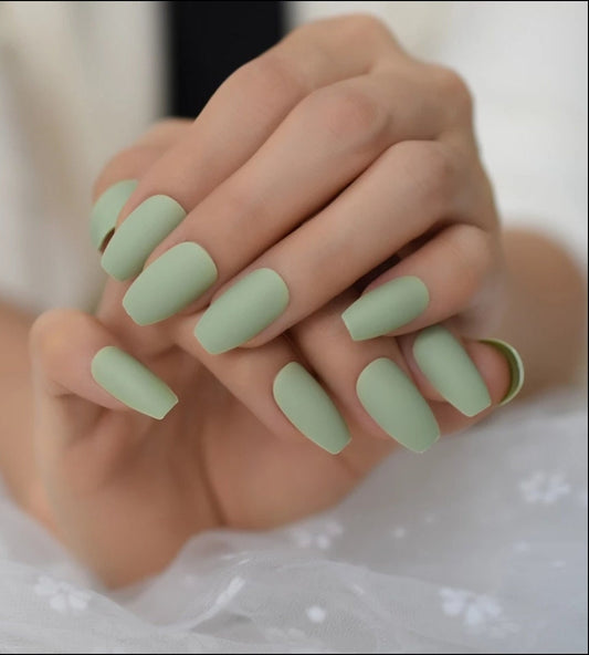 24PCS Matte Sage Green Coffin Long Press On Nails – Medium Length Glue-On Kit surethings