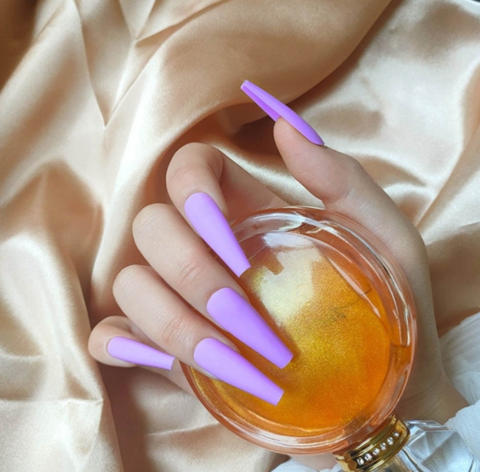 24 Matte Purple coffin Long Press on nails glue on lavender – Sure Things