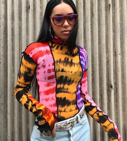 Multicolor Sheer Mesh Going out tops for women long sleeve shirt funky 90s trendy colorful see through