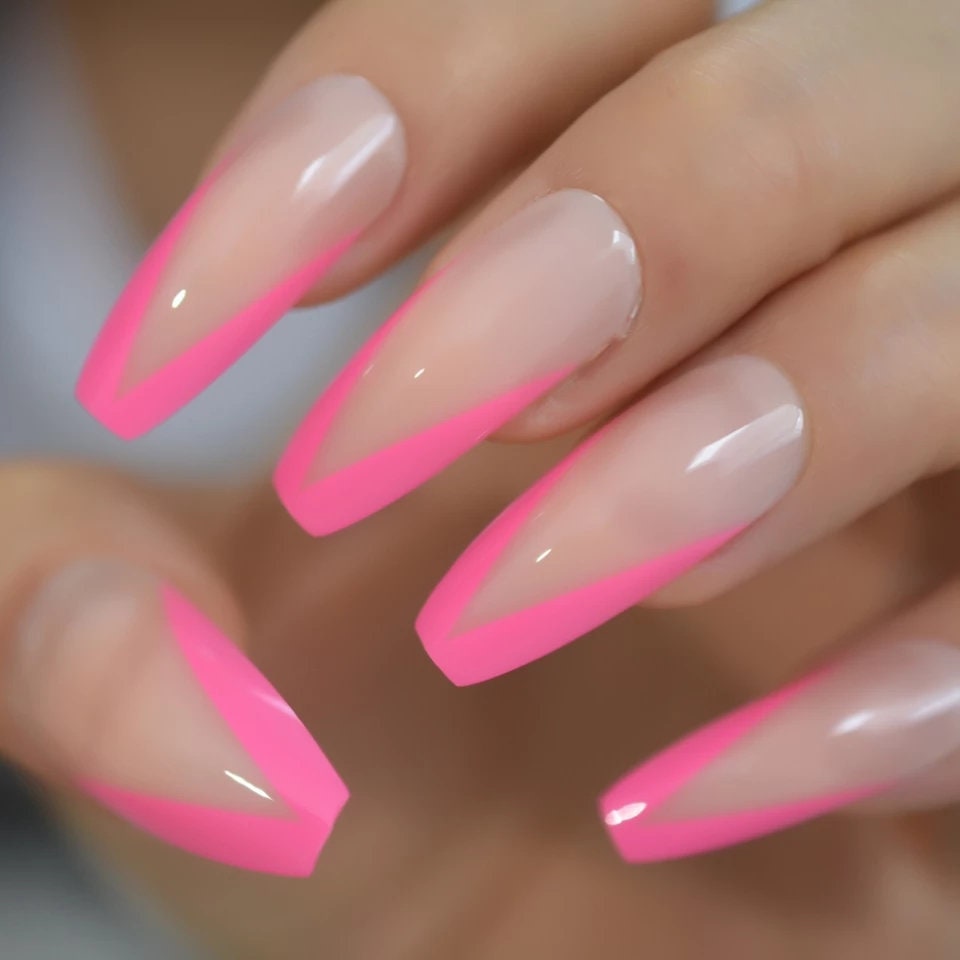 24 V tip French long press-on nails with pink rim – classic 80s rave style glue-on nail set surethings