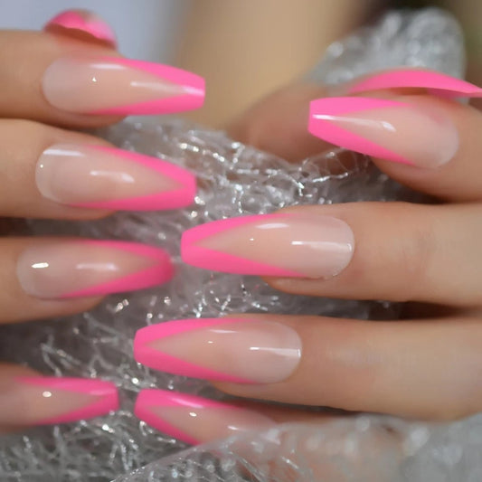 24 V tip French long press-on nails with pink rim – classic 80s rave style glue-on nail set surethings