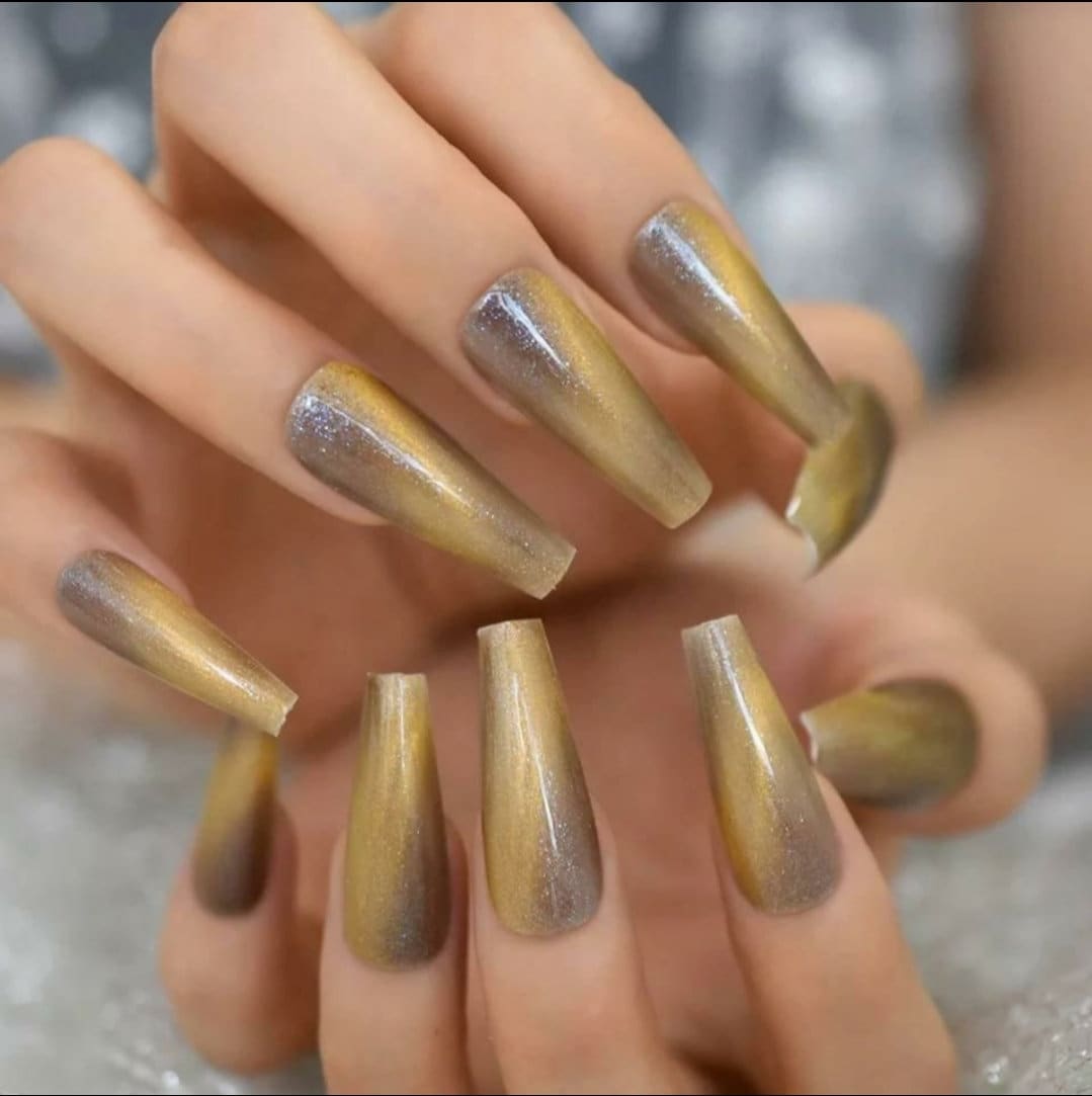 24 PCS Extra Long Cat Eye Nails Gray & Gold Galaxy Coffin Shape surethings