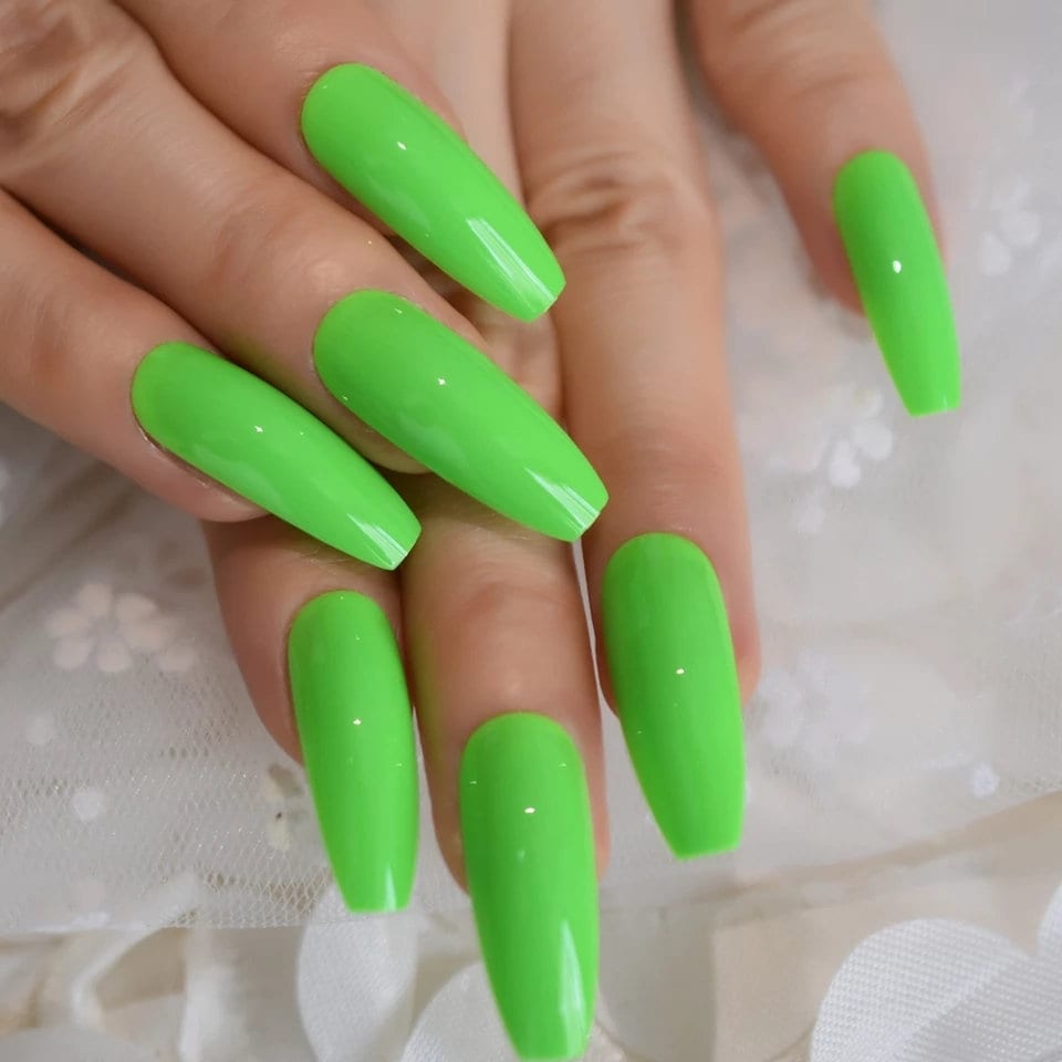 24 Electric Neon Green Long Press on Nails Coffin Slime Bright Summer 80s rave surethings