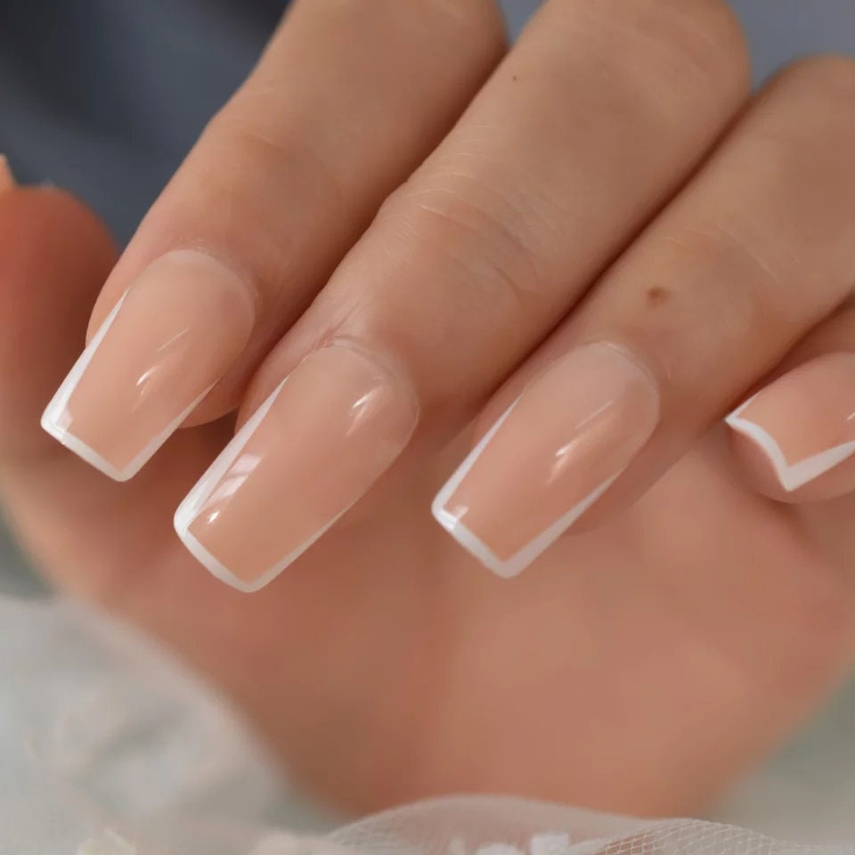 24 Medium Square Nude Long Press On Nails – French Tip with White Rim Border, Glue-On Natural Set surethings