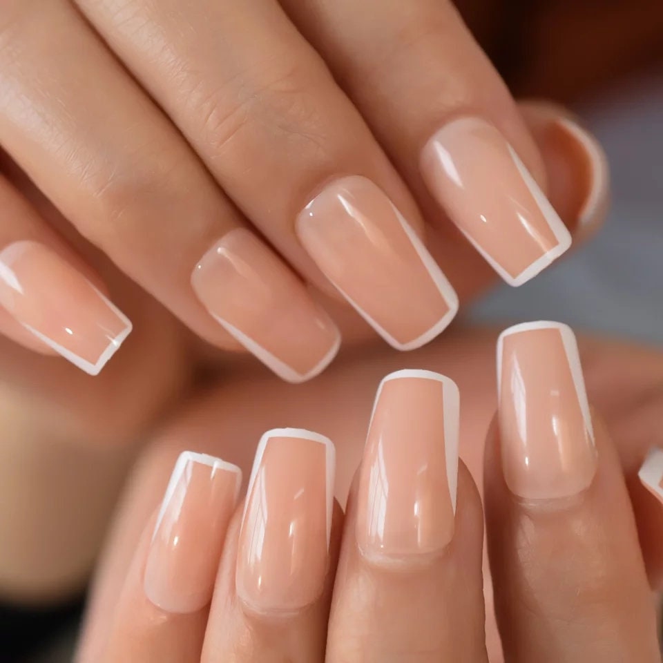 24 Medium Square Nude Long Press On Nails – French Tip with White Rim Border, Glue-On Natural Set surethings