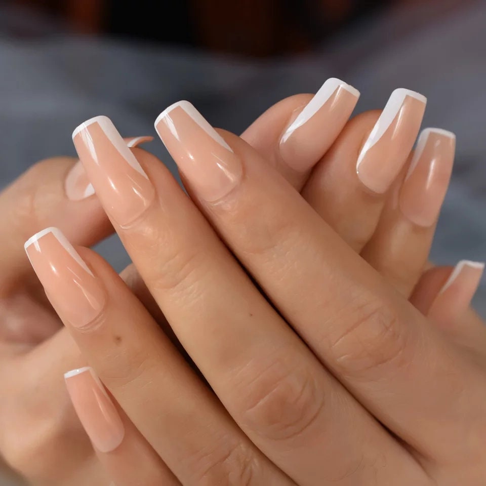 24 Medium Square Nude Long Press On Nails – French Tip with White Rim Border, Glue-On Natural Set surethings