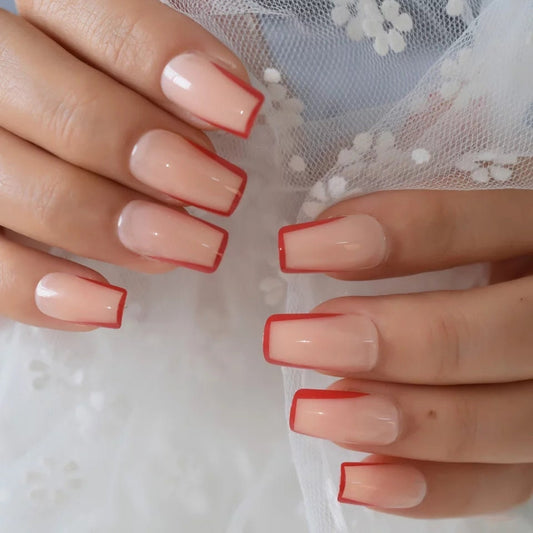 24 Nude Red Rim French tip border nude Long Press on nails glue on natural medium square surethings