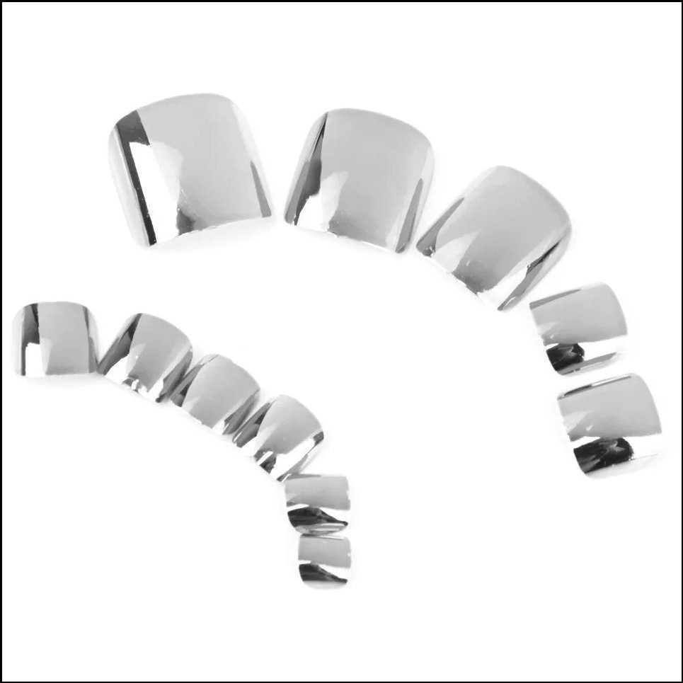 24 Chrome Toes Mirror Short press on nails Kit Glue On Gold Silver Shiny Pink