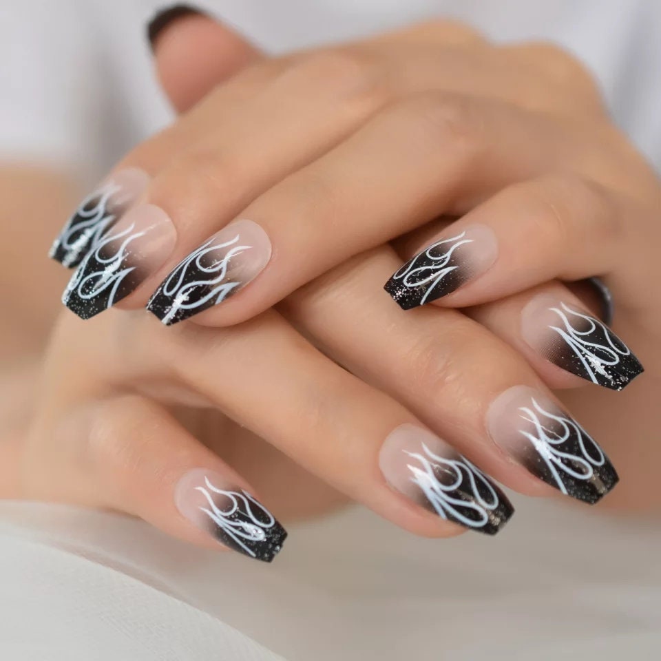 24 pcs Black Flame Medium Coffin Dark Long Press On nails Glue on Gothic edgy trendy nude fade ombre 90s
