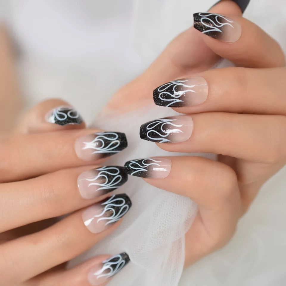 24 pcs Black Flame Medium Coffin Dark Long Press On nails Glue on Gothic edgy trendy nude fade ombre 90s