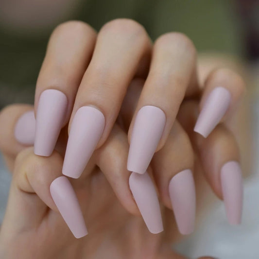 Set of 24 Long Press On Nails in Nude Powder Pink Khaki Coffin Shape surethings
