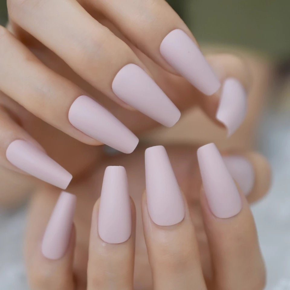 24 Nude Powder Pink Long Press on nails glue on Long Coffin khaki