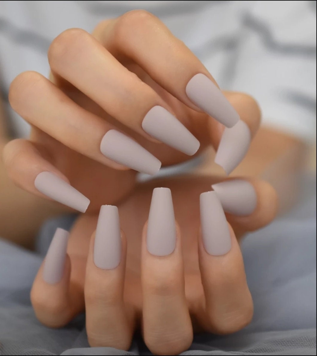24 Nude Powder Taupe Long Press on nails glue on Coffin khaki greige