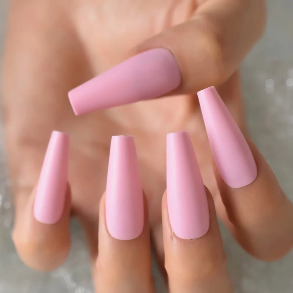 24 Matte Soft Pink Coffin Extra Long Press On Nails kit glue on Pale light baby