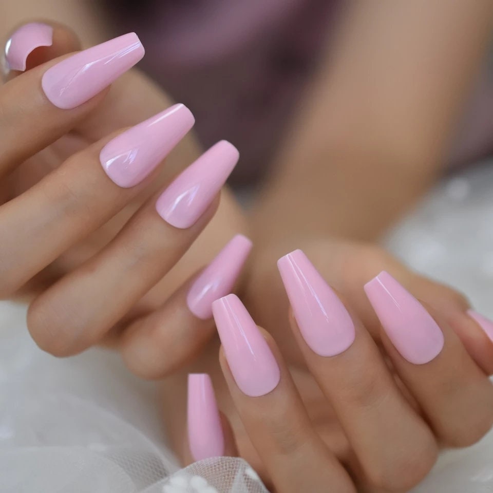 24 Soft Pink Long Press On Nails kit glue on Pale light baby powder pink